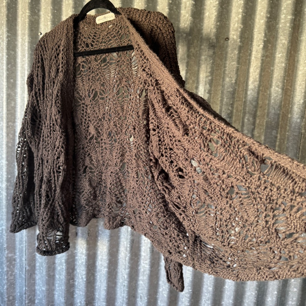 Natural Life Brown Crochet Knit Open Front Cardigan Boho Pointelle  L/XL - Picture 5 of 7